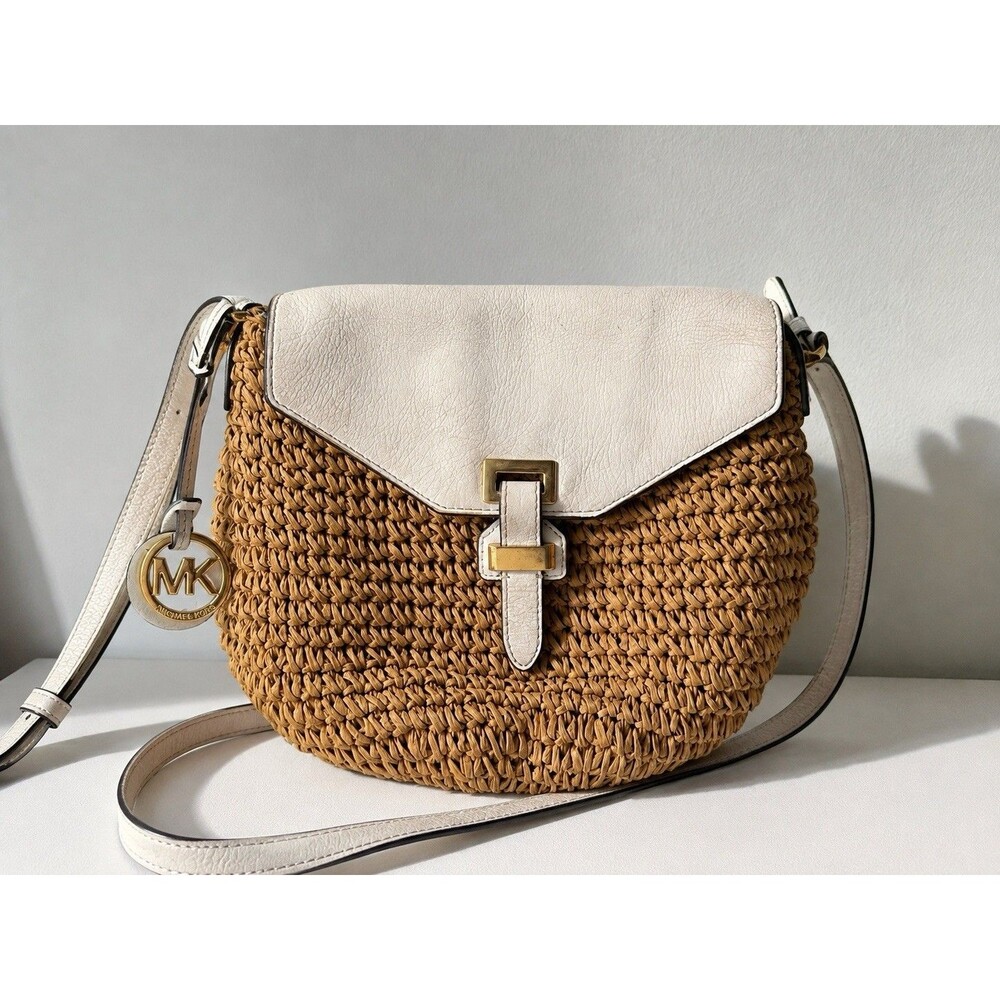 Michael Kors Raffia Straw Crossbody Bag White Leather Flap Gold Hardware